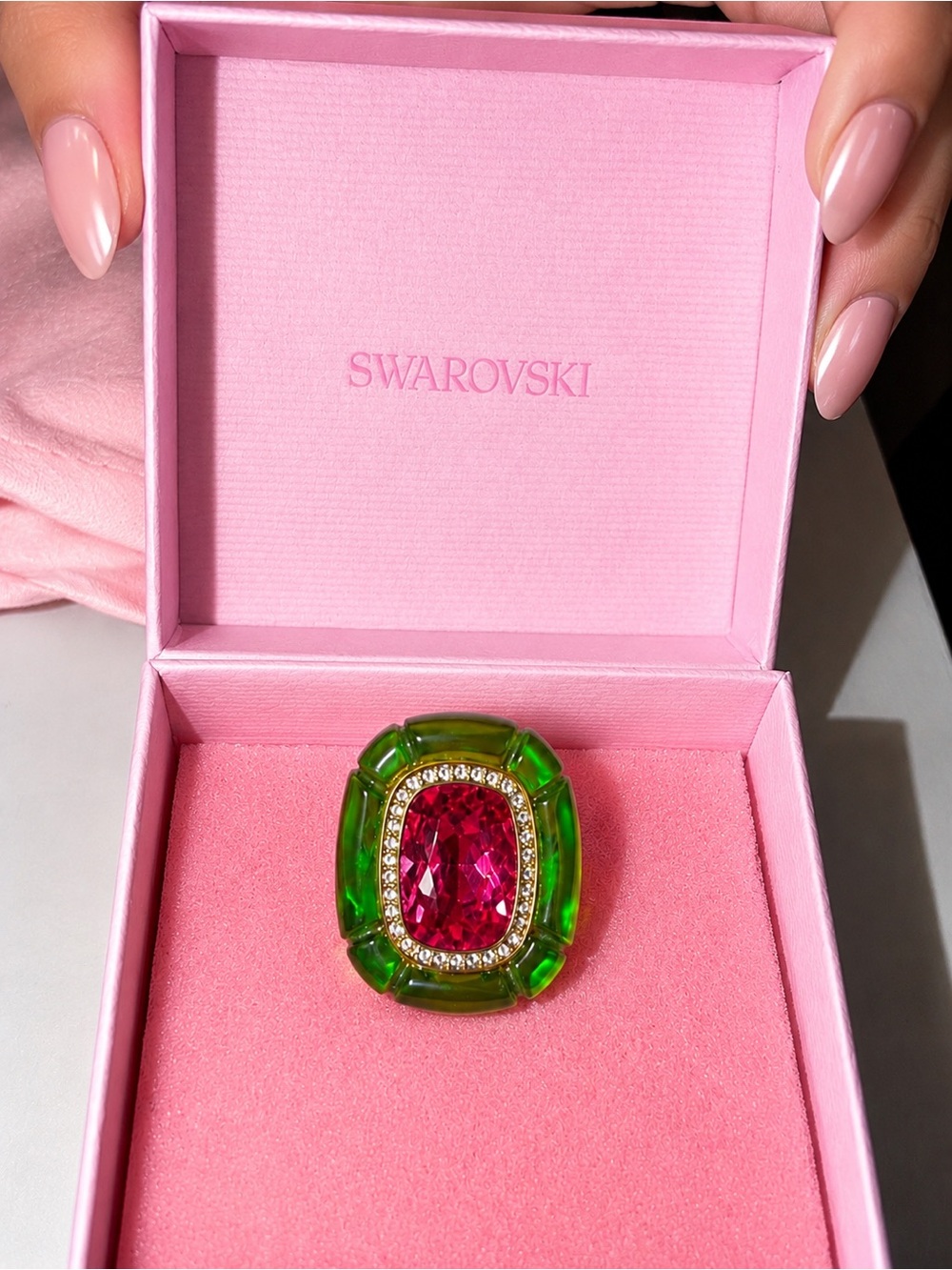 Swarovski Dulcis Green & Pink Crystal Cocktail Ring Size 55